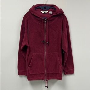 Eddie Bauer Plush Burgundy Red Full Zip Hoodie with Pouch Pocket Large Petite